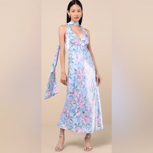 Lulus Malani Light Blue Floral Satin Sash Midi Dress - Size XS
